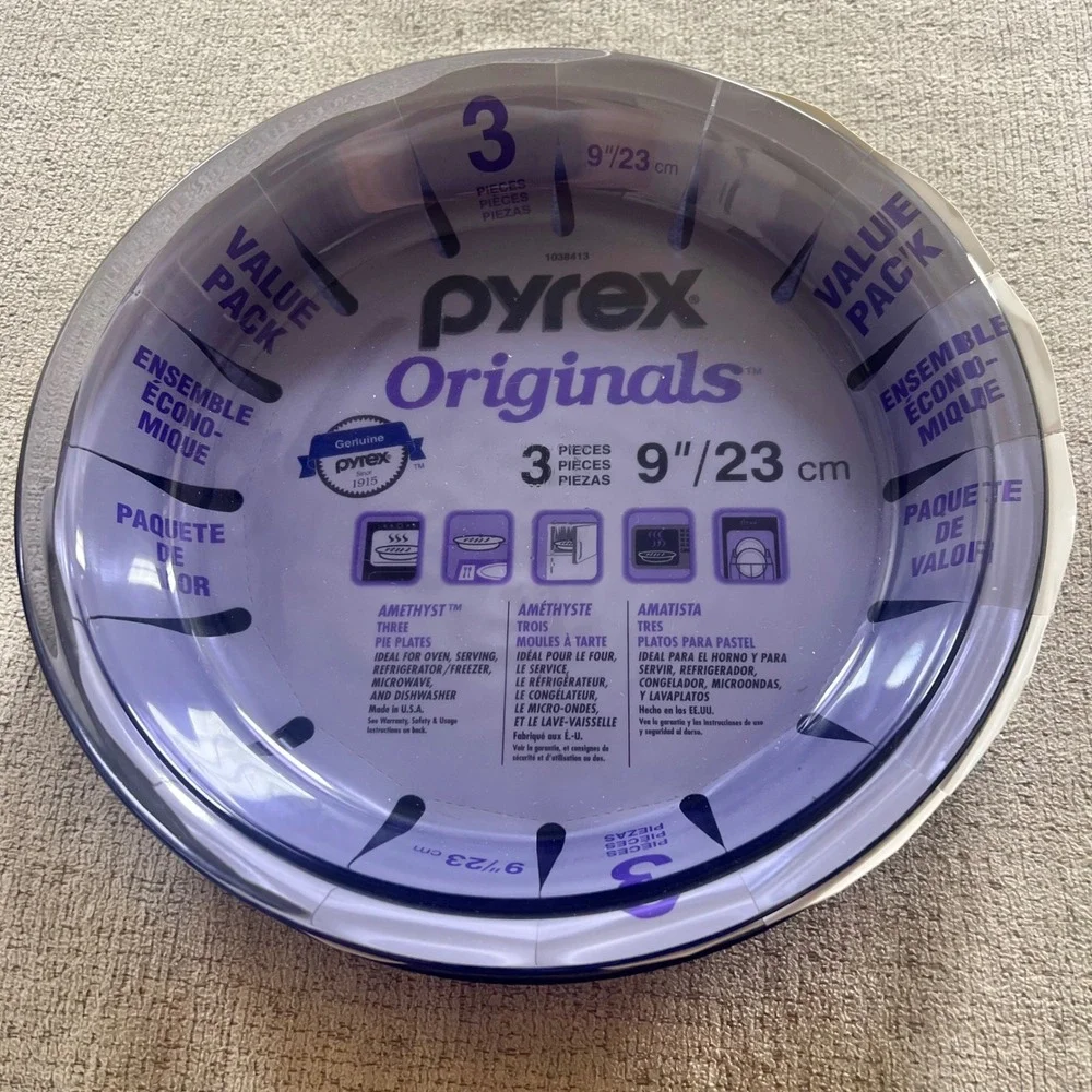 Pyrex Originals Amethyst 9 Inch Glass Pie Plate Set 3 Piece Purple 1038413